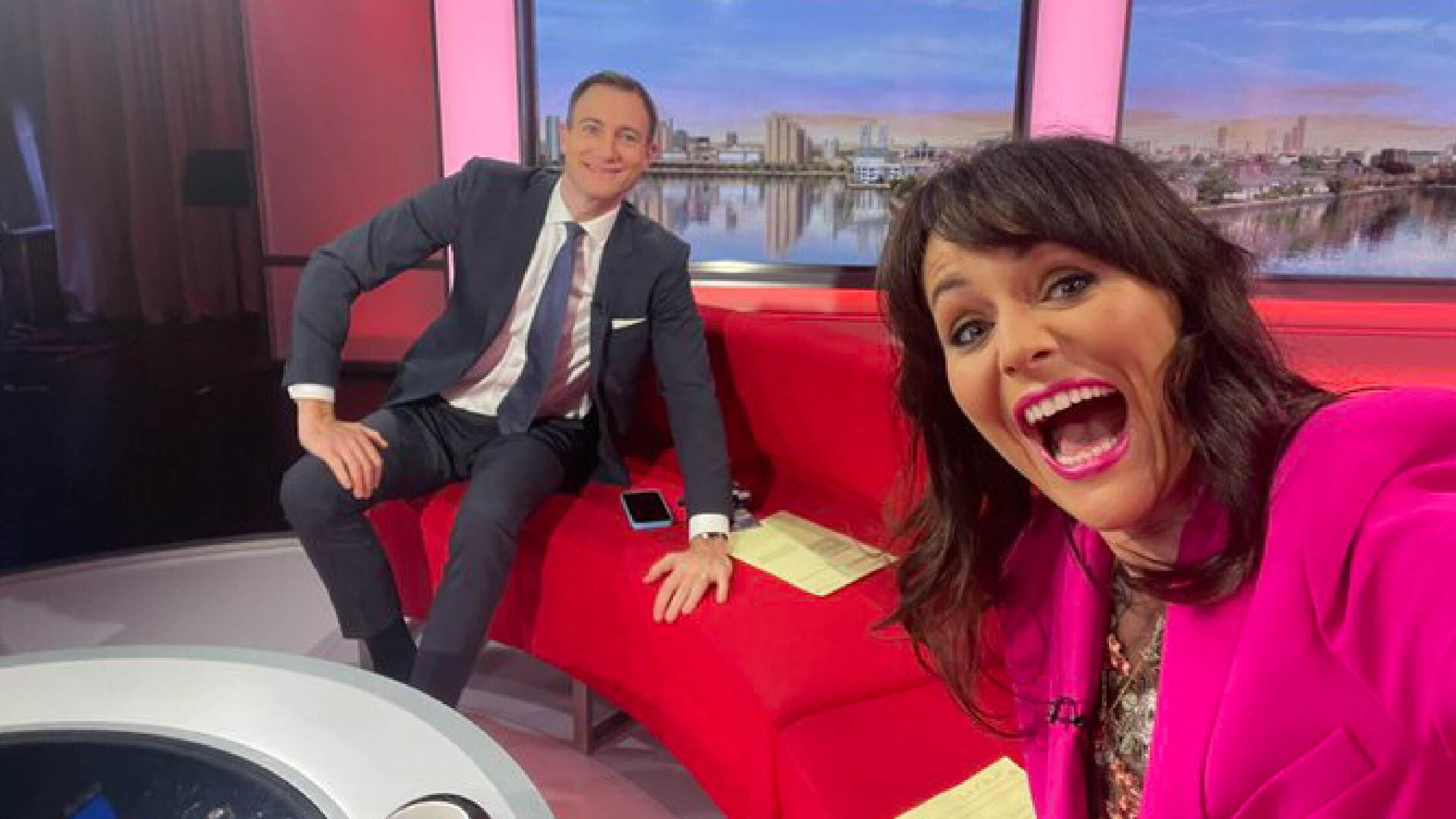 Victoria taking a happy and confident selfie with her guest on show. 