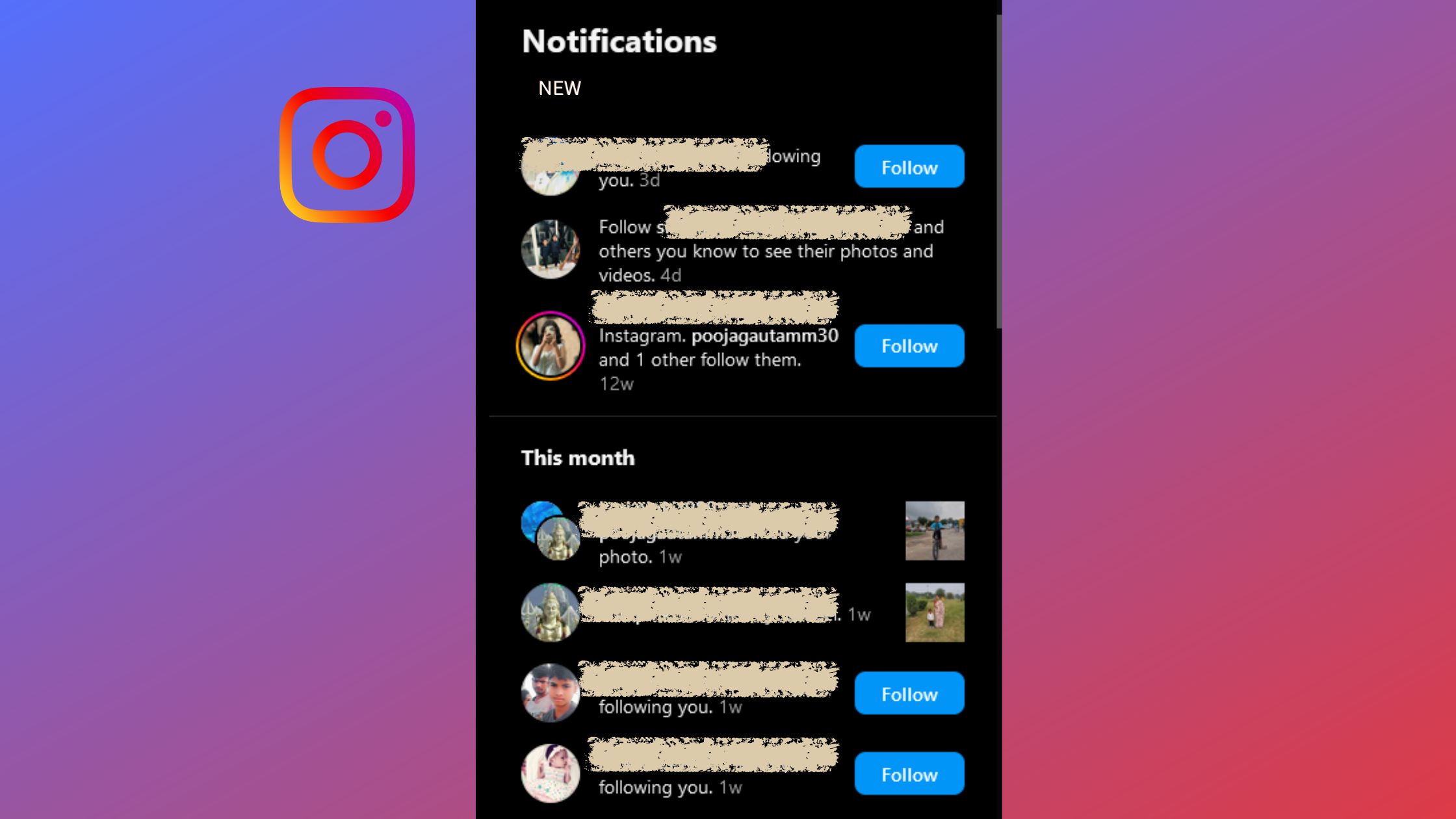 An Instagram page showing notifications.