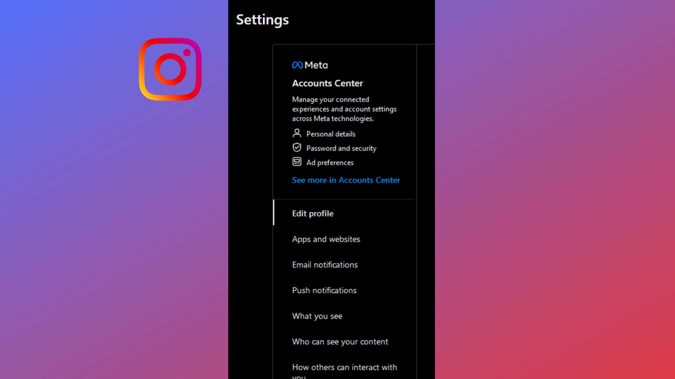 Instagram Data Security Settings page on app.