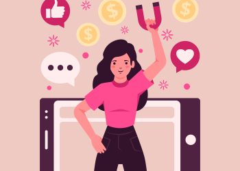 A girl holding a magnet and pulling coins and likes from social media.